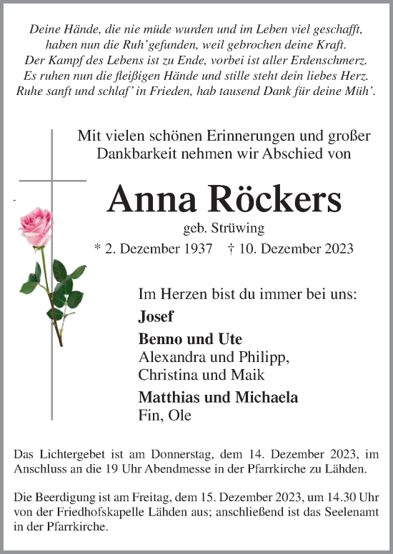 Traueranzeige von Anna Röckers von Neue Osnabrücker Zeitung GmbH & Co. KG