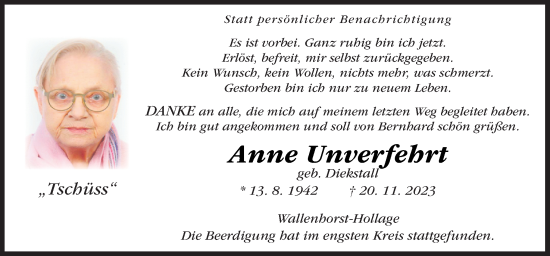 Traueranzeige von Anne Unverfehrt von Neue Osnabrücker Zeitung GmbH & Co. KG
