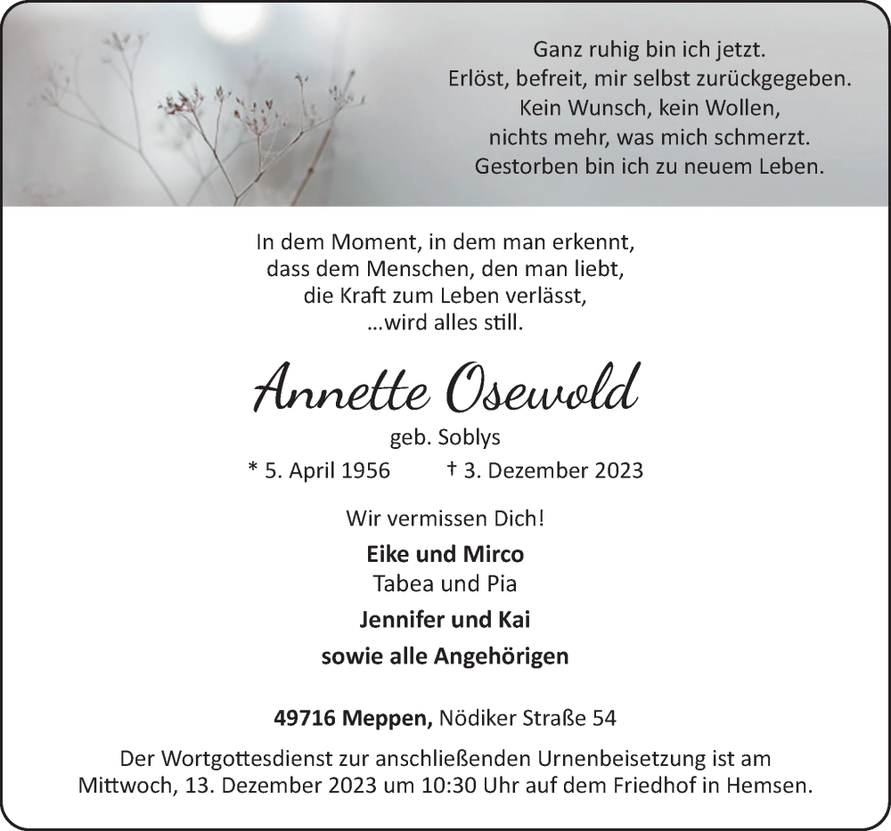  Traueranzeige für Annette Osewold vom 06.12.2023 aus Neue Osnabrücker Zeitung GmbH & Co. KG