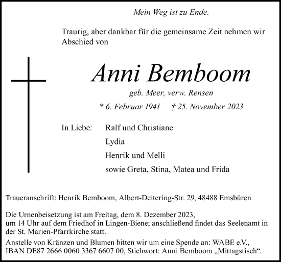 Traueranzeige von Anni Bemboom von Neue Osnabrücker Zeitung GmbH & Co. KG