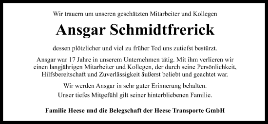 Traueranzeige von Ansgar Schmidtfrerick von Neue Osnabrücker Zeitung GmbH & Co. KG