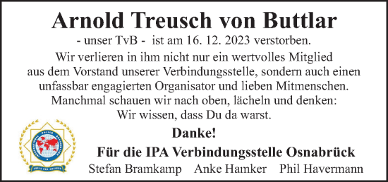 Traueranzeige von Arnold Treusch von Buttlar von Neue Osnabrücker Zeitung GmbH & Co. KG