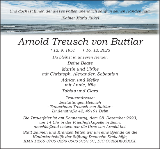 Traueranzeige von Arnold Treusch von Buttlar von Neue Osnabrücker Zeitung GmbH & Co. KG