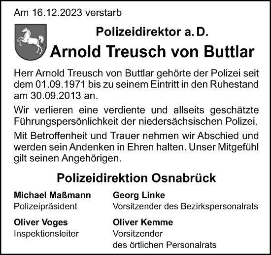 Traueranzeige von Arnold Treusch von Buttlar von Neue Osnabrücker Zeitung GmbH & Co. KG