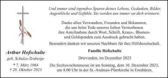 Traueranzeige von Arthur Hofschulte von Neue Osnabrücker Zeitung GmbH & Co. KG