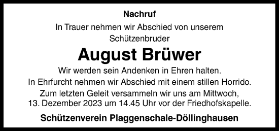 Traueranzeige von August Brüwer von Neue Osnabrücker Zeitung GmbH & Co. KG