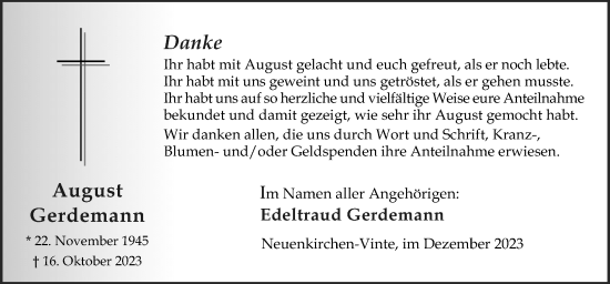 Traueranzeige von August Gerdemann von Neue Osnabrücker Zeitung GmbH & Co. KG