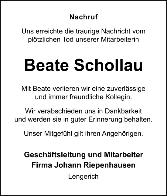 Traueranzeige von Beate Schollau von Neue Osnabrücker Zeitung GmbH & Co. KG