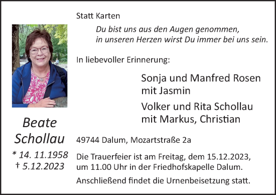 Traueranzeige von Beate Schollau von Neue Osnabrücker Zeitung GmbH & Co. KG