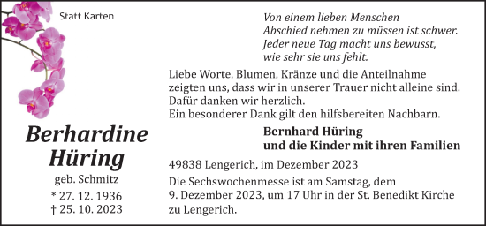 Traueranzeige von Berhardine Hüring von Neue Osnabrücker Zeitung GmbH & Co. KG