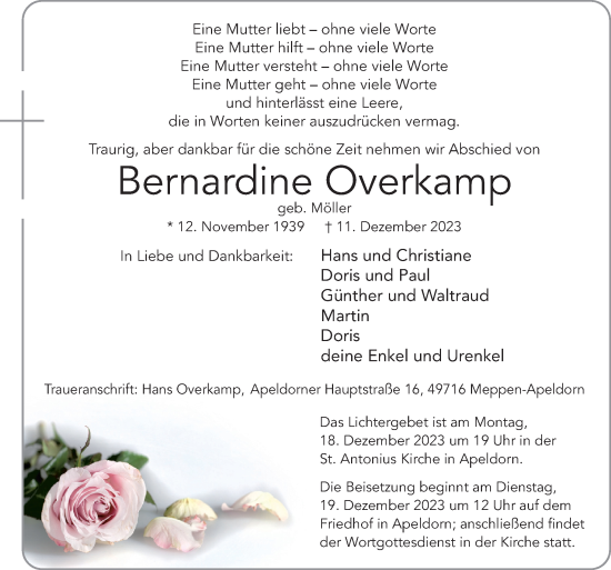 Traueranzeige von Bernardine Overkamp von Neue Osnabrücker Zeitung GmbH & Co. KG