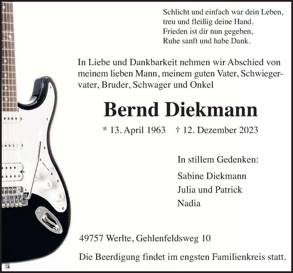  Traueranzeige für Bernd Diekmann vom 16.12.2023 aus Neue Osnabrücker Zeitung GmbH & Co. KG