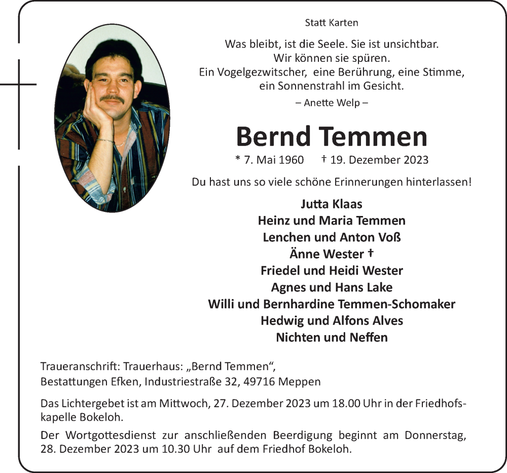  Traueranzeige für Bernd Temmen vom 23.12.2023 aus Neue Osnabrücker Zeitung GmbH & Co. KG