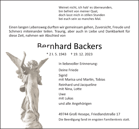 Traueranzeige von Bernhard Backers von Neue Osnabrücker Zeitung GmbH & Co. KG