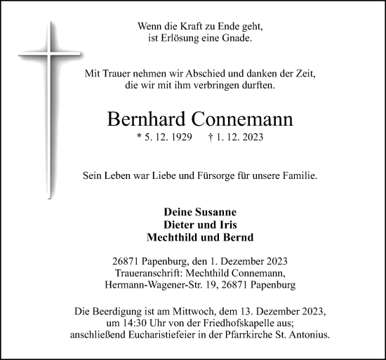 Traueranzeige von Bernhard Connemann von Neue Osnabrücker Zeitung GmbH & Co. KG
