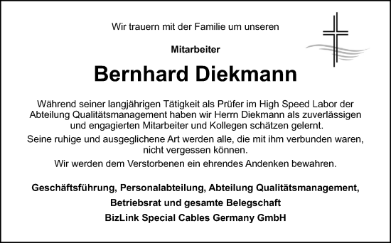 Traueranzeige von Bernhard Diekmann von Neue Osnabrücker Zeitung GmbH & Co. KG