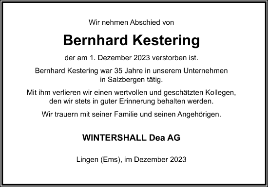 Traueranzeige von Bernhard Kestering von Neue Osnabrücker Zeitung GmbH & Co. KG