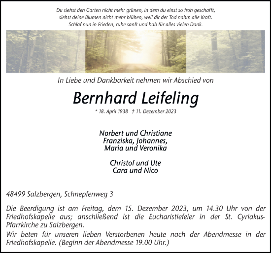 Traueranzeige von Bernhard Leifeling von Neue Osnabrücker Zeitung GmbH & Co. KG