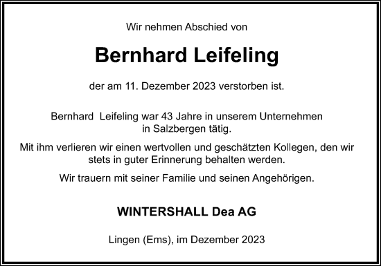 Traueranzeige von Bernhard Leifeling von Neue Osnabrücker Zeitung GmbH & Co. KG