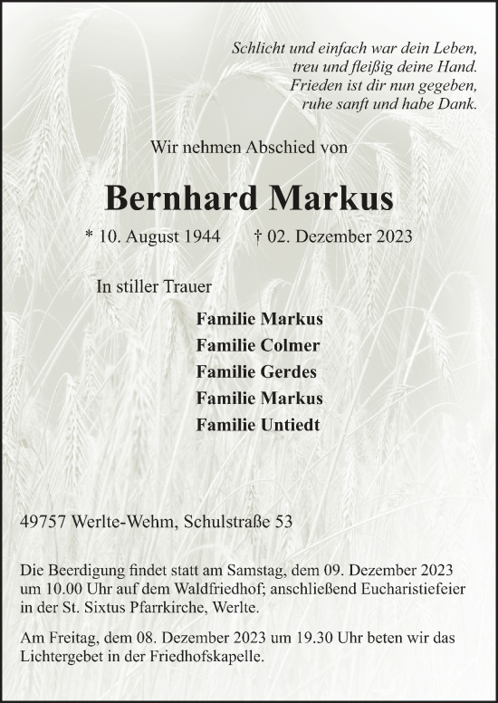 Traueranzeige von Bernhard Markus von Neue Osnabrücker Zeitung GmbH & Co. KG