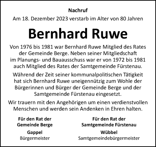 Traueranzeige von Bernhard Ruwe von Neue Osnabrücker Zeitung GmbH & Co. KG