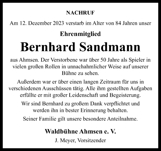 Traueranzeige von Bernhard Sandmann von Neue Osnabrücker Zeitung GmbH & Co. KG