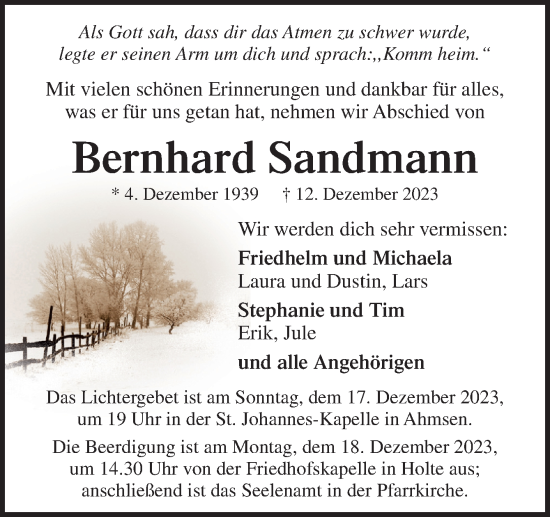 Traueranzeige von Bernhard Sandmann von Neue Osnabrücker Zeitung GmbH & Co. KG