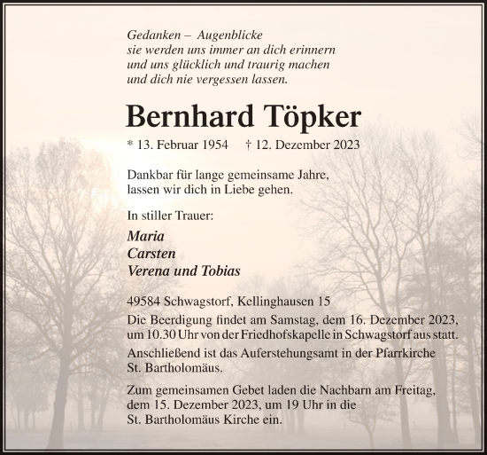 Traueranzeige von Bernhard Töpker von Neue Osnabrücker Zeitung GmbH & Co. KG