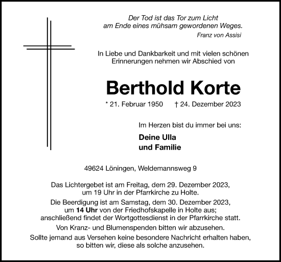 Traueranzeige von Berthold Korte von Neue Osnabrücker Zeitung GmbH & Co. KG
