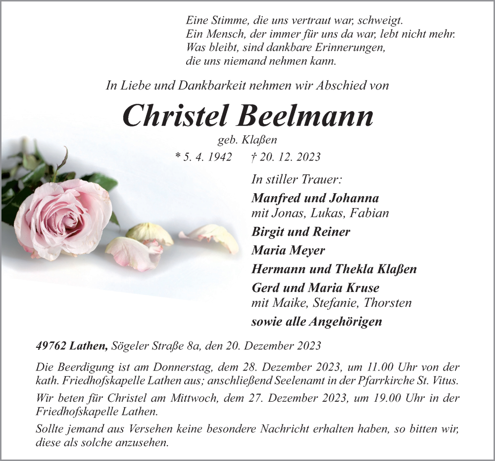  Traueranzeige für Christel Beelmann vom 23.12.2023 aus Neue Osnabrücker Zeitung GmbH & Co. KG