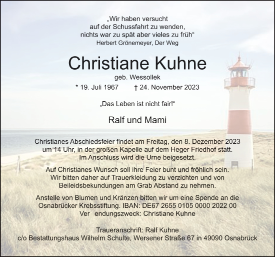 Traueranzeige von Christiane Kuhne von Neue Osnabrücker Zeitung GmbH & Co. KG