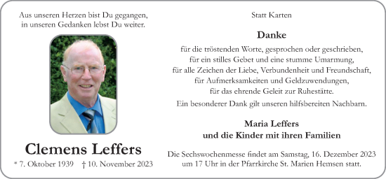 Traueranzeige von Clemens Leffers von Neue Osnabrücker Zeitung GmbH & Co. KG