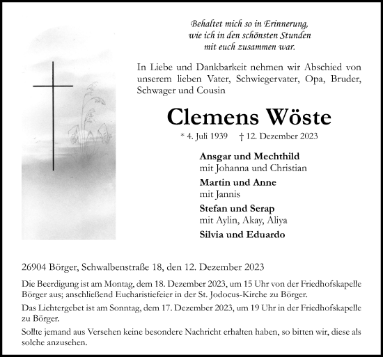 Traueranzeige von Clemens Wöste von Neue Osnabrücker Zeitung GmbH & Co. KG