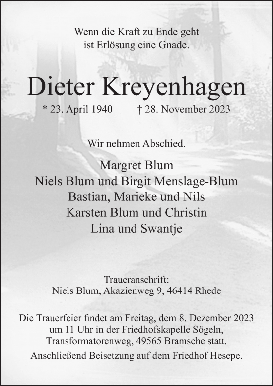 Traueranzeige von Dieter Kreyenhagen von Neue Osnabrücker Zeitung GmbH & Co. KG