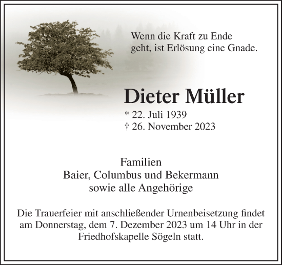 Traueranzeige von Dieter Müller von Neue Osnabrücker Zeitung GmbH & Co. KG