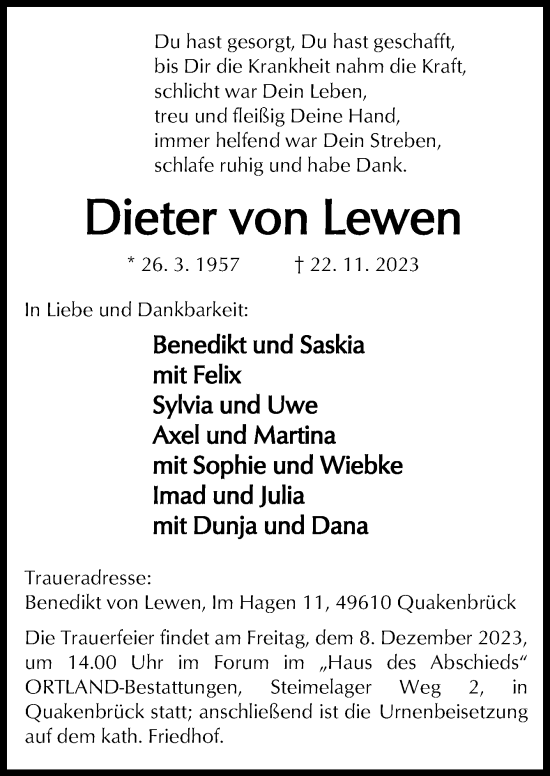 Traueranzeige von Dieter von Lewen von Neue Osnabrücker Zeitung GmbH & Co. KG
