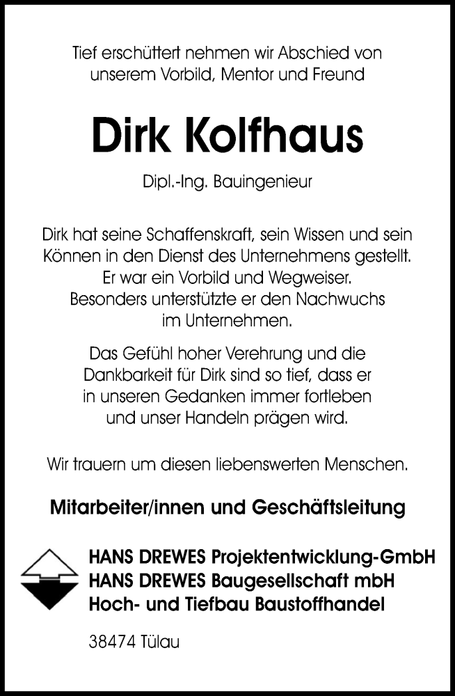  Traueranzeige für Dirk Kolfhaus vom 30.12.2023 aus Neue Osnabrücker Zeitung GmbH & Co. KG