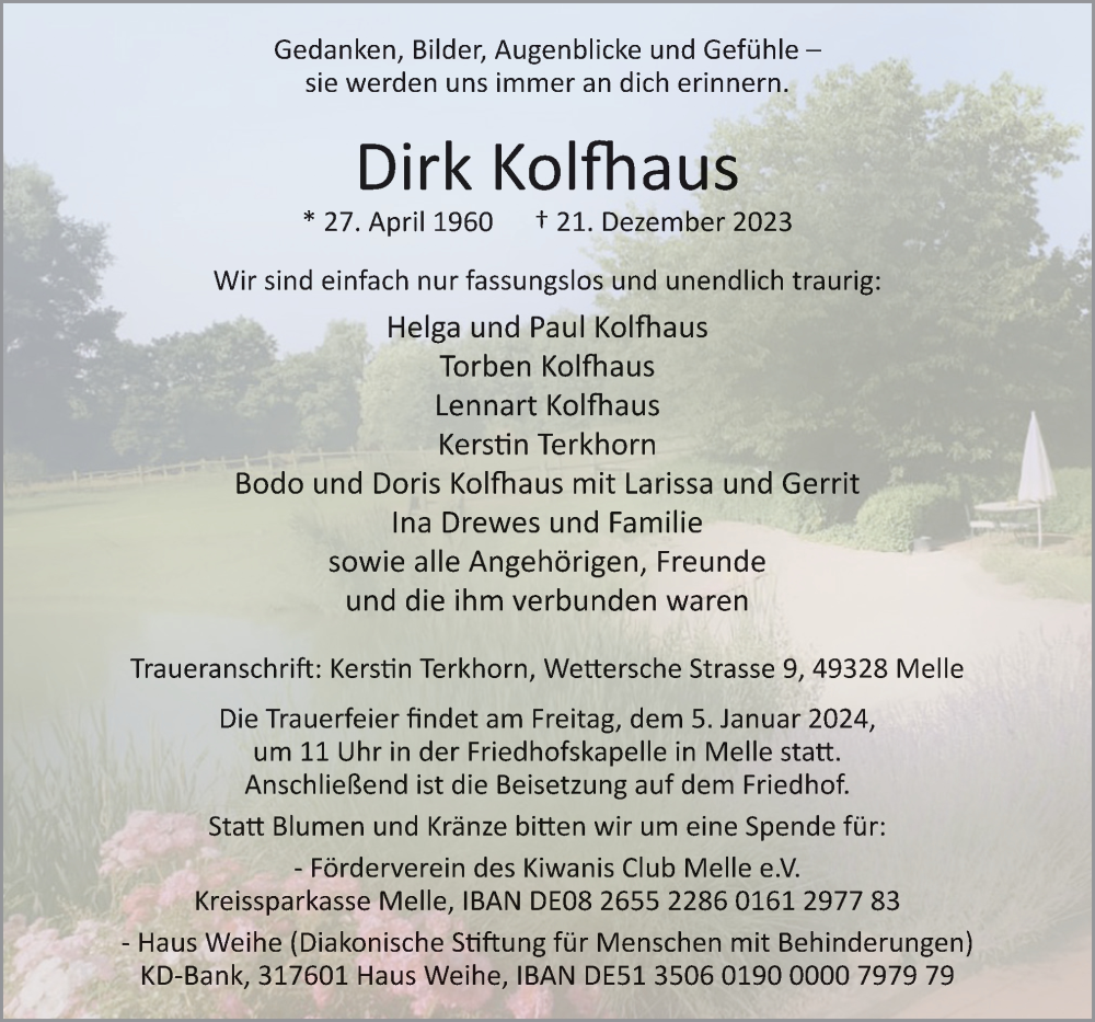  Traueranzeige für Dirk Kolfhaus vom 30.12.2023 aus Neue Osnabrücker Zeitung GmbH & Co. KG