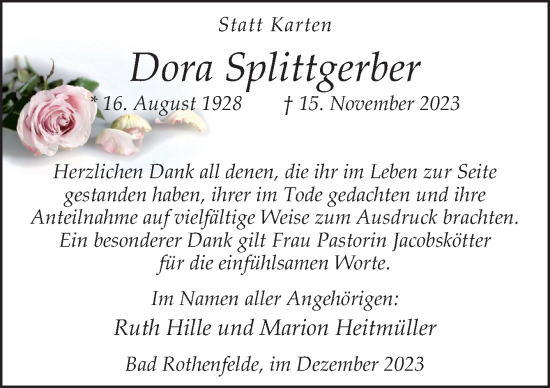 Traueranzeige von Dora Splittgerber von Neue Osnabrücker Zeitung GmbH & Co. KG