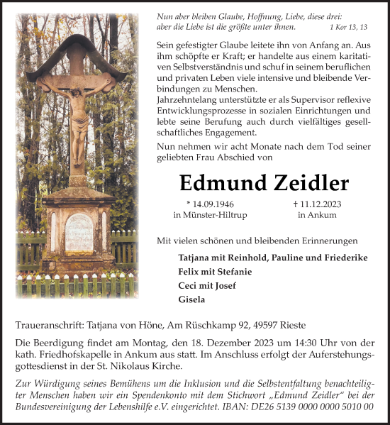 Traueranzeige von Edmund Zeidler von Neue Osnabrücker Zeitung GmbH & Co. KG