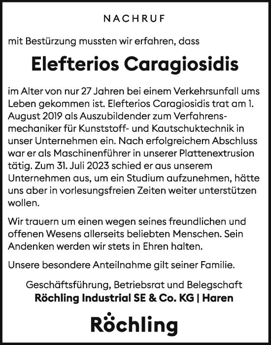 Traueranzeige von Elefterios Caragiosidis von Neue Osnabrücker Zeitung GmbH & Co. KG