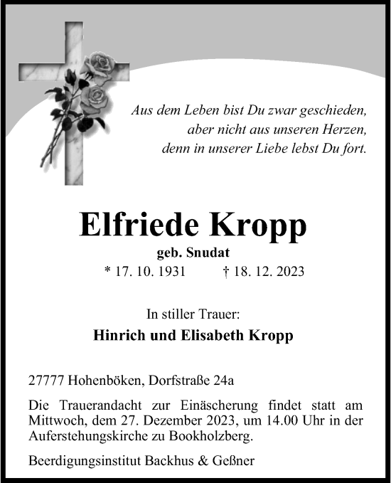 Traueranzeige von Elfriede Kropp von DK Medien GmbH & Co. KG