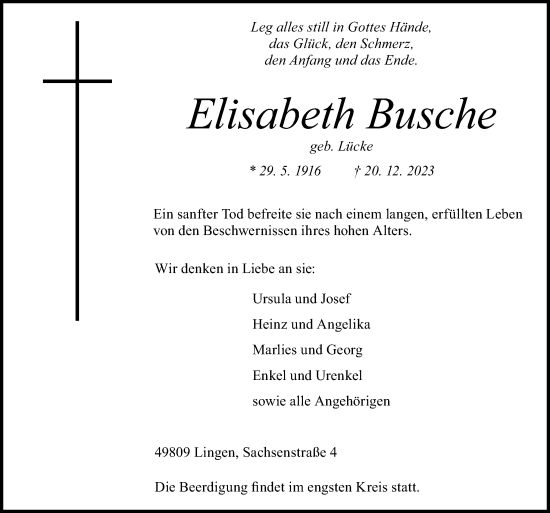 Traueranzeigen Von Elisabeth Busche Noz Trauerportal 4813