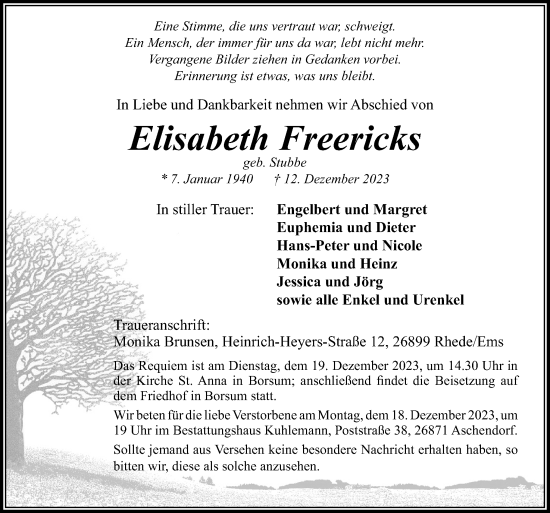 Traueranzeige von Elisabeth Freericks von Neue Osnabrücker Zeitung GmbH & Co. KG