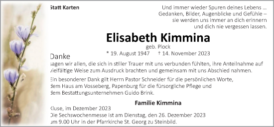 Traueranzeige von Elisabeth Kimmina von Neue Osnabrücker Zeitung GmbH & Co. KG