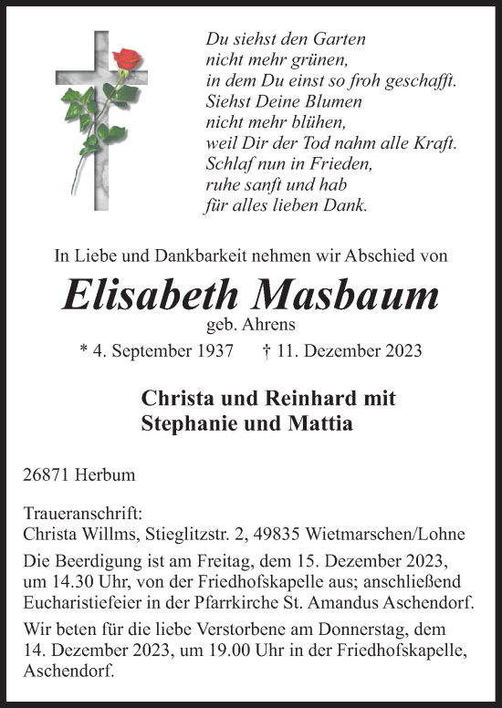 Traueranzeige von Elisabeth Masbaum von Neue Osnabrücker Zeitung GmbH & Co. KG