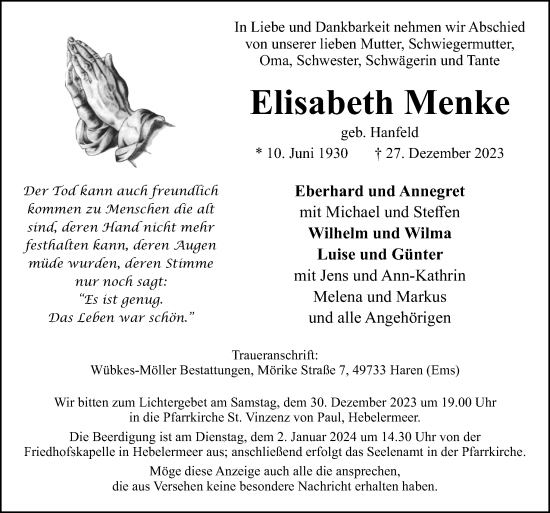 Traueranzeige von Elisabeth Menke von Neue Osnabrücker Zeitung GmbH & Co. KG