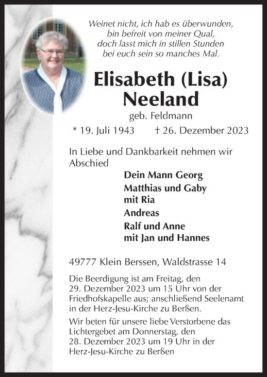 Traueranzeige von Elisabeth Neeland von Neue Osnabrücker Zeitung GmbH & Co. KG
