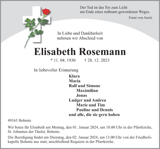 Traueranzeige von Elisabeth Rosemann von Neue Osnabrücker Zeitung GmbH & Co. KG