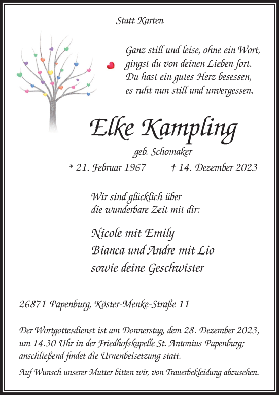 Traueranzeige von Elke Kampling von Neue Osnabrücker Zeitung GmbH & Co. KG